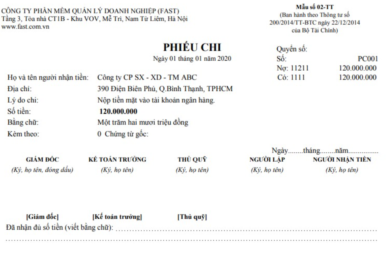 Mẫu phiếu kế toán thanh toán phiếu chi